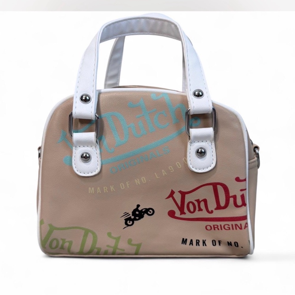 Von Dutch Beige Logo Satchel with White Handles and Multicolor Prints